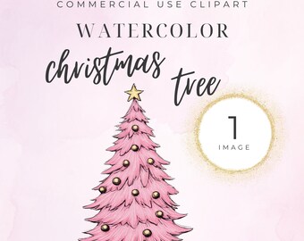 Pastel Christmas Tree Watercolor, Decorated Christmas Tree Clipart, Colorful, Watercolor Pink, Modern, Nordic, Minimalist, Commercial Use
