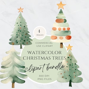 May include: A set of four watercolor Christmas tree clipart images. The trees are green with various shades of green and brown. The trees are decorated with stars, dots, and circles. The text "Watercolor Christmas Trees clipart bundle" is written in a green circle with the text "4 Images" and "300 DPI PNG Files" below it.
