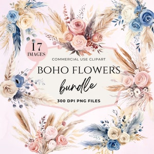 Boho Wild Flower Bouquet Clipart, Akwarela Wiosna Forals, WildFlower Border Clip Art, Boho, Przezroczysty PNG, Ślub, Baby Shower
