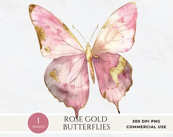 Imágenes prediseñadas de mariposa rosa y dorada, mariposas de acuarela, papel digital de mariposa y flor, signo de baby shower, gráficos PNG, flores de primavera