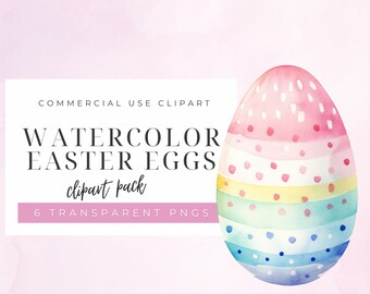 May include: Watercolor Easter egg clipart pack with 6 transparent PNGs. The egg is decorated with pink, blue, yellow, and green stripes and white polka dots.