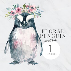 Clipart aquarelle florale de pingouin, lot de cliparts oiseau floral mignon, bébés animaux en hiver, pingouin enneigé, Images de l'Arctique, Shower de bébé, Chambre de bébé