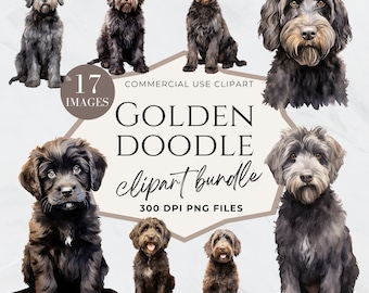 May include: A digital clipart bundle of 17 watercolor illustrations of golden doodle dogs in various poses. The illustrations are in black and white and are 300 DPI PNG files. The text "17 Images, Commercial Use Clipart, Golden Doodle, Clipart Bundle, 300 DPI PNG Files" is included in the image.