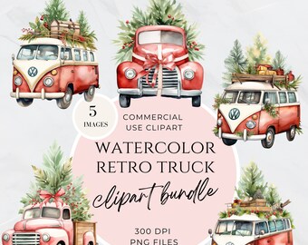 Akvarell jullastbil Clipart, Vintage gårdslastbil PNG, Utskrivbar julröd lastbil Clipart, Handmålad Clipart, Jul PNG