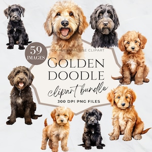 Golden Doodle Clipart, Doodle Dog, Acuarela de perro, Descarga instantánea, Labradoodle negro, Retrato de perro, Silueta de Doodle dorado, Guardería