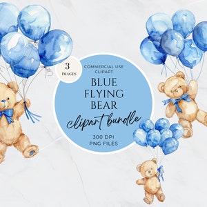 Flying Bear Clipart, Baby Bear Balloons Neutral Clipart, Watercolor Floating Teddy Bear, Wall Art Nursery Decor, Baby Shower Invitation
