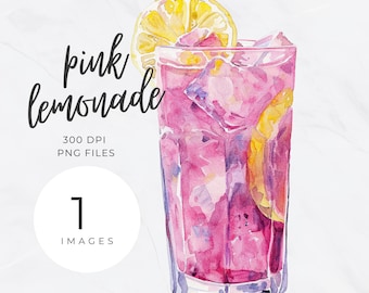 Pink Lemonade Watercolor Clipart, Bar Cart Clip art, Bar Menu, Signature Cocktail, Wedding Drinks Sign, Alcohol Illustration PNG