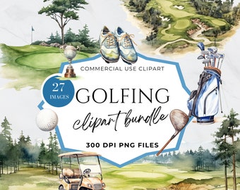 Acuarela Clipart Golf, Bolsa de golf, Campo de golf, Carrito de golf Clip Art, Cumpleaños, Girl Golf, Tee, Clubs, PNG, Uso comercial, Descarga instantánea