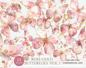 Imágenes prediseñadas de mariposa rosa y dorada, mariposas de acuarela, papel digital de mariposa y flor, signo de baby shower, gráficos PNG, flores de primavera