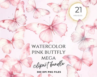 May include: A set of watercolour pink butterfly clipart images. The image includes the text "COMMERCIAL USE CLIPART", "WATERCOLOR PINK BUTTFLY MEGA clipart bundle", and "300 DPI PNG FILES". There are 21 images.