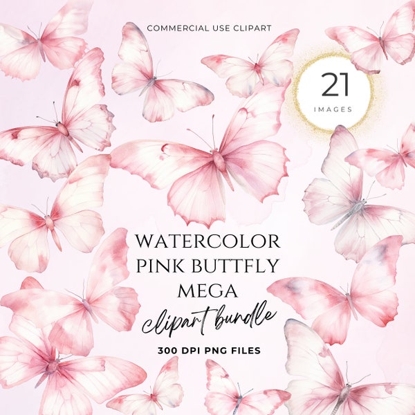 Pastel Butterfly Clipart, Pink Gold Butterfly Clipart, Pink Floral Butterfly Clipart, Baby Shower, Elegant, Watercolor, Wedding, Transparent