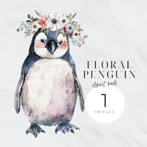 Clipart aquarelle florale de pingouin, lot de cliparts oiseau floral mignon, bébés animaux en hiver, pingouin enneigé, Images de l'Arctique, Shower de bébé, Chambre de bébé