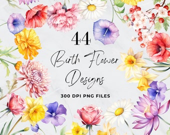Birth Flower Bouquet Clipart,  Birth Month Flower, Daisy SVG, Poppy, Digital Download, Watercolor, PNG, Spring, Botanical, Commercial Use