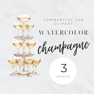 Champagne Bottle and Glasses Clipart, Champagne Tower Watercolor Clip Art, Wedding PNG, Signature Drink, Bar Menu Sign, Commercial Use