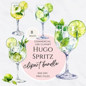 Hugo Spritz特製ドリンククリップアート、結婚式やイベント用の編集可能なカクテルメニューテンプレート、Spritz PNG、即時ダウンロード