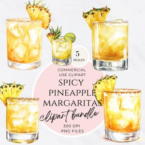 Clipart di Margarita all'ananas piccante, Clip art del menu del bar, Cocktail d'autore ad acquerello, Cartello per bevande da matrimonio, Carrello bar, Illustrazione di alcolici