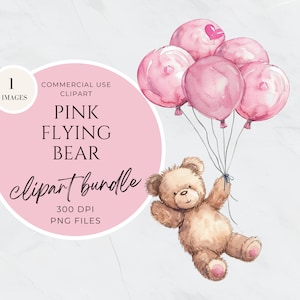 Flying Bear Clipart, Baby Bear Balloons Neutral Clipart, Watercolor Floating Teddy Bear, Wall Art Nursery Decor, Baby Shower Invitation