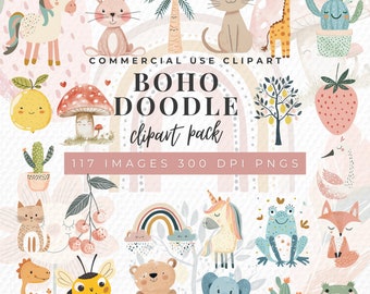 Spring Doodle Clipart, Boho Woodland Animals Clip art Watercolor Bundle, Rainbow Nursery  Png, Baby Shower, Unlimited Sales License