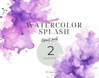 Op de afbeelding: Twee paarse aquarelspatten, een links en een rechts, met de tekst "WATERCOLOR SPLASH clipart pack 2 IMAGES" in het midden.