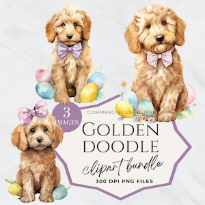 Clipart Golden Doodle, chien de Pâques Doodle, aquarelle de chien, téléchargement immédiat, Labradoodle noir, Portrait de chien, Silhouette dorée de Doodle
