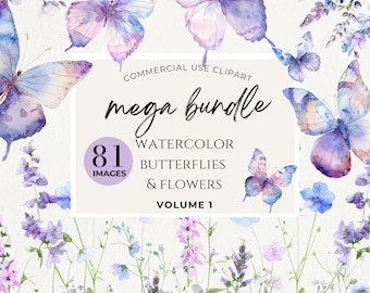 Purple Watercolor Butterflies Clipart, Watercolor Floral, Wedding Clipart, Butterfly Border Clipart, Digital Paper, Baby Shower Sign, Spring
