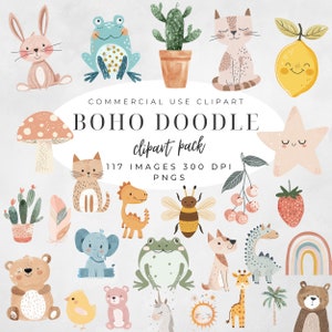 Boho Baby Doodle Clipart, Boho Waldtiere Clipart Aquarell Bundle, Regenbogen Kinderzimmer Png, Babyparty, unbegrenzte Verkaufslizenz