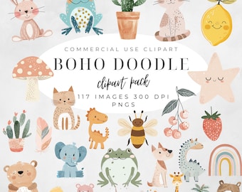 Boho Baby Doodle Clipart, Boho Woodland Animals Clipart Watercolor Bundle, Rainbow Nursery  Png, Baby Shower, Unlimited Sales License