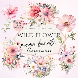 Boho Pink Wild Flower Pampas Clipart, Wild Floral Frames Clip Art, Spring, Wildflower, Summer, Digital Download, Commercial Use, Transparent