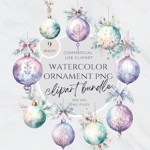 Watercolor Christmas Ornament Clipart, Ornaments Clipart, Pastel Colors, Commercial Use, Watercolor Winter, Christmas Decoration Clipart