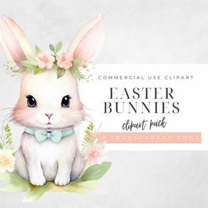 Watercolor Bunnies And Basket Clipart, Easter Bunny with Flowers Clip Art, Cute Baby Animal, Transparent PNG for Commercial Use, Spring