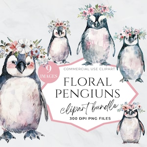 Clipart aquarelle florale de pingouin, lot de cliparts oiseau floral mignon, bébés animaux en hiver, pingouin enneigé, Images de l'Arctique, Shower de bébé, Chambre de bébé