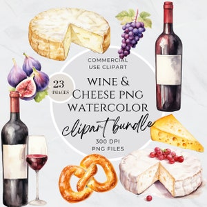 Wine and Cheese Clipart, Clip art Watercolor Wine, Red Wine, Rose Wine, Mulled Wine, Swiss Cheese, Brie, Pretzel, Grapes, Figs, Glass Bottle
