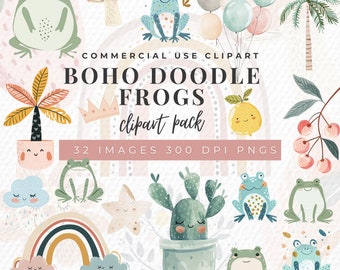 Boho Baby Doodle Clipart, Boho Woodland Animals Clip Art, Spring Watercolor Bundle, Rainbow Nursery  Png, Baby Shower, Commercial License