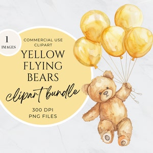 Flying Bear Clipart, Baby Bear Balloons Neutral Clipart, Watercolor Floating Teddy Bear, Wall Art Nursery Decor, Baby Shower Invitation
