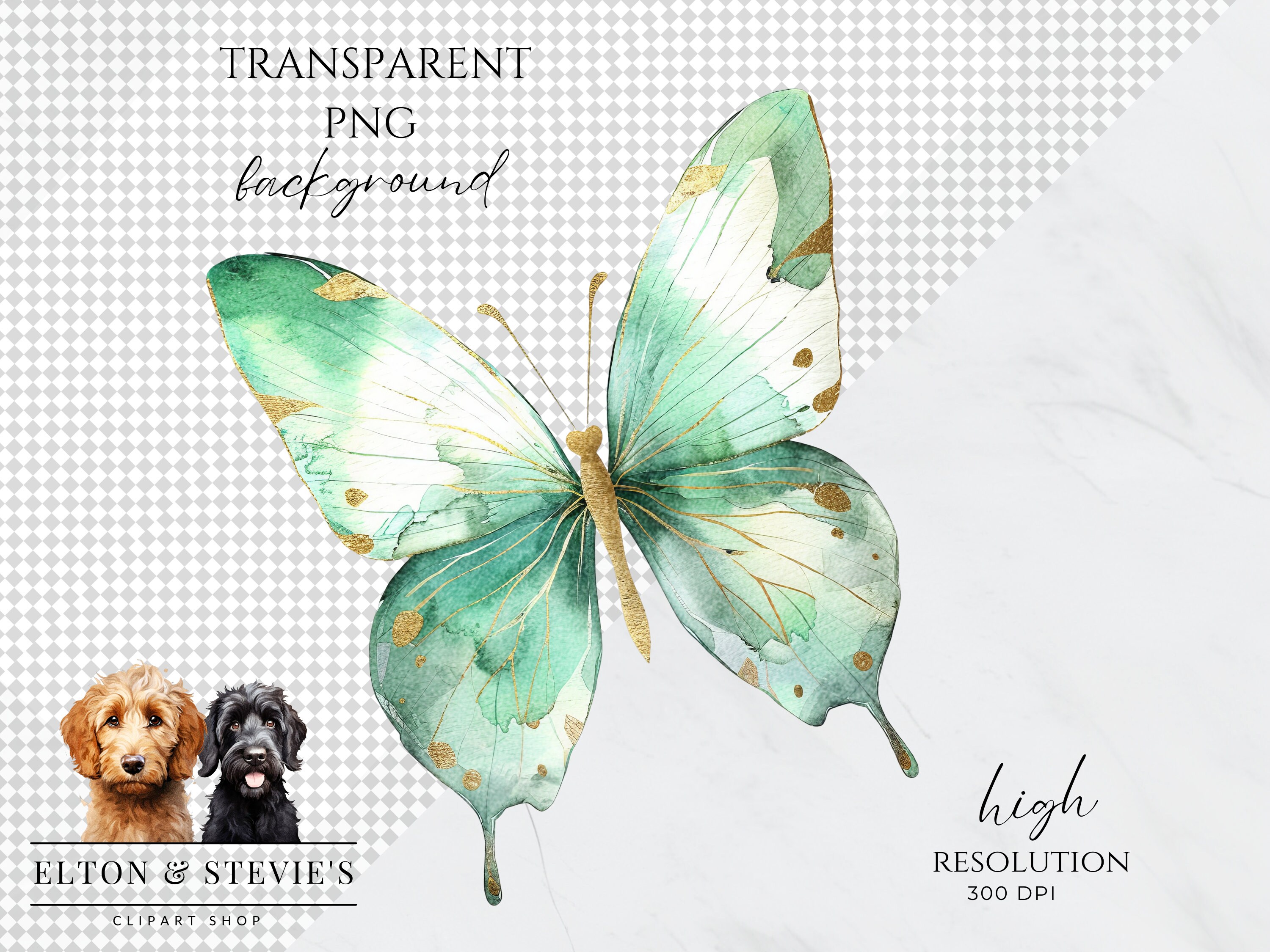 Mint Green Gold Butterflies Clipart, Watercolor Butterfly and Flower ...