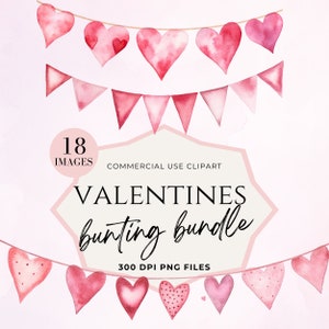 Watercolor Valentines Clipart, Bunting Flag Clip art, Blush, Party Flags, Baby Shower, Nursery, Digital Download PNG, Commercial License