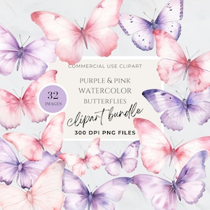 Clipart farfalla viola, acquerello, farfalle rosa e viola, carta digitale farfalla e fiore, cartello per baby shower, PNG, primavera