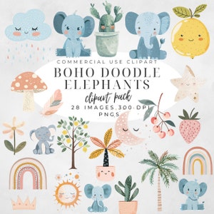 Boho Baby Doodle Clipart, Boho Woodland Animals Clip Art, Spring Watercolor Bundle, Rainbow Nursery Png, Baby Shower, licença comercial
