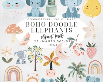 Boho Baby Doodle Clipart, Boho Woodland Animals Clip Art, Spring Watercolor Bundle, Rainbow Nursery  Png, Baby Shower, Commercial License