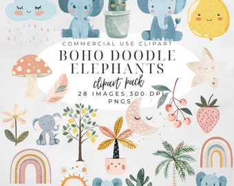Boho Baby Doodle Clipart, Boho Waldtiere Clip Art, Frühling Aquarell Bundle, Regenbogen Kinderzimmer Png, Babyparty, kommerzielle Lizenz