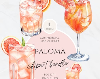 Watercolor Paloma Cocktail Clipart: Bar Menu PNG (Digital Download)