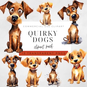 Watercolor Quirky Dogs Clipart, Pet Clip Art, Transparent Background PNG, Commercial Use, Overlays, Instant Download, High Resolution, Weird