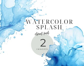 May include: Two blue watercolor splashes on a white background. The text "WATERCOLOR SPLASH clipart pack 2 IMAGES" is in the center of the image.