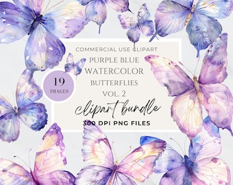 May include: A set of 19 watercolor butterfly clip art images in shades of purple and blue. The butterflies are in various poses and sizes. The text "COMMERCIAL USE CLIPART PURPLE BLUE WATERCOLOR BUTTERFLIES VOL. 2 clipart bundle 300 DPI PNG FILES" is displayed on a white background.