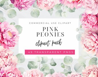 Dark Pink Florals Clipart, Pink Peonies Watercolor Clip Art, Boho Peonies, Wedding Flower PNG, Eucalyptus Greenery, Spring, Invitation
