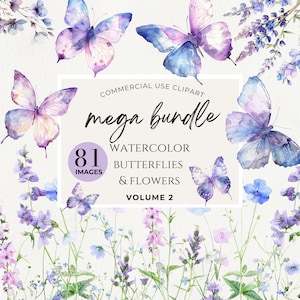 Clipart di farfalle viola dell'acquerello, acquerello floreale, clipart di matrimonio, clipart di bordo farfalla, carta digitale, segno di baby shower, primavera