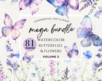 Purple Watercolor Butterflies Clipart, Watercolor Floral, Wedding Clipart, Butterfly Border Clipart, Digital Paper, Baby Shower Sign, Spring
