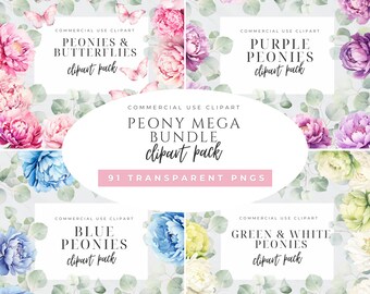 Pink Blue Purple Peonies Clipart, Peonies Watercolor Clip Art, Boho Florals, Wedding Flower PNG, Eucalyptus Greenery, Spring, Invitation