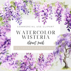 Watercolor Wisteria Clipart PNG, Digital Download, Wisteria Tree Clipart, Purple Florals, Spring Flower Clip Art, Instant Download