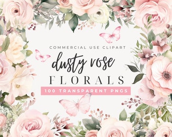 Dusty Rose Watercolor Clipart, Pastel Butterfly Clip Art, Pink Floral Borders, Vintage Rose, Blush Pink Floral, Floral Modern Wedding